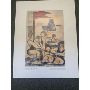 Signed Watercolor Print Marcel Gromaire Group of Women Bathing at the Seashore
